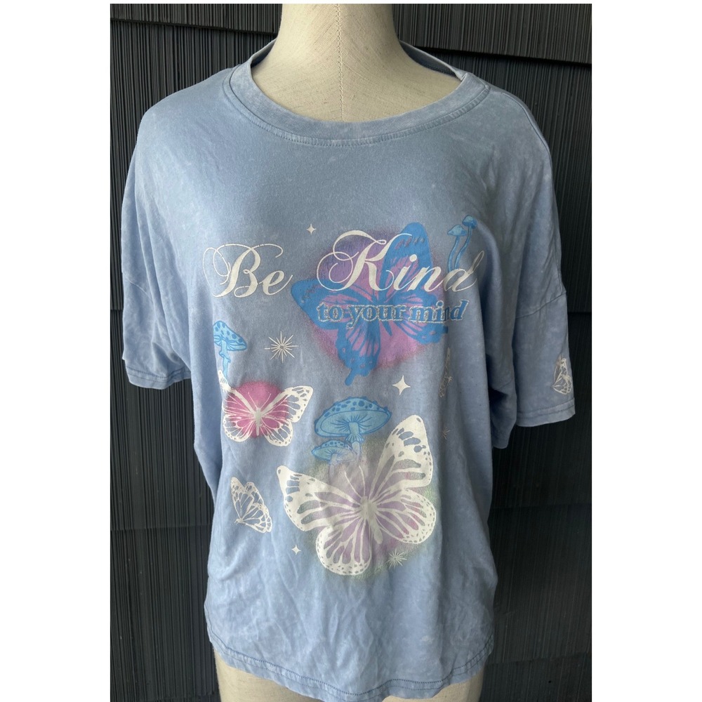 Be Kind To Your Mind Graphic T-Shirt Blue Acid Wash Butterfly Cottagecore Large